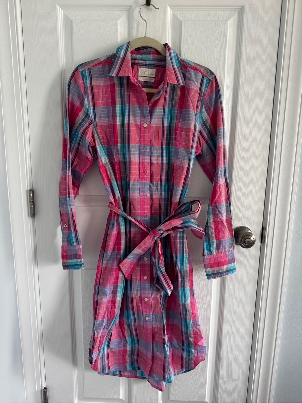 J. Crew Madras Plaid Button-Up Shirt Dress in Pink and Blue